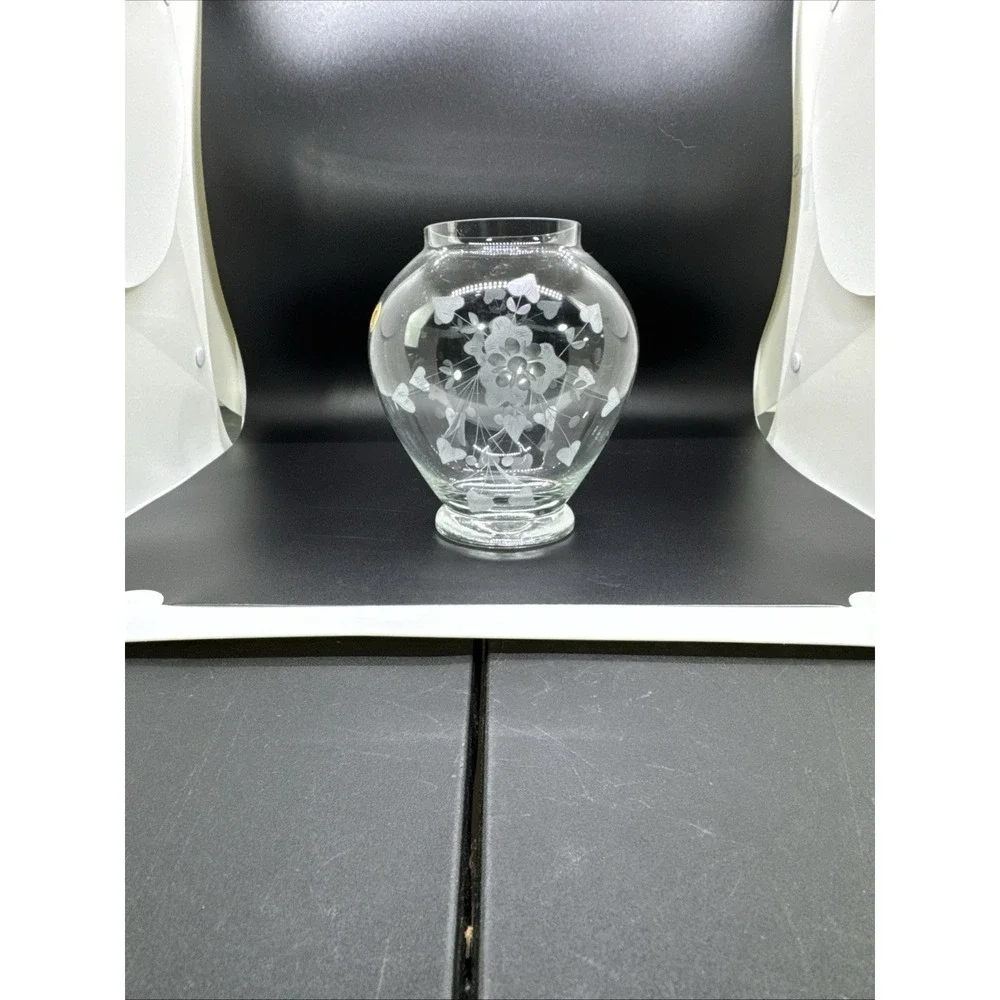 Vintage Romanian Etched Glass Vase Clear